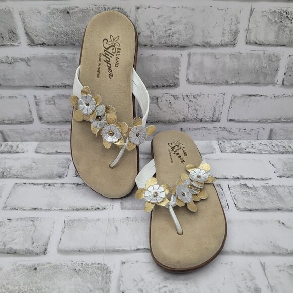 Island Slipper Hawaii Leilani Gold Silver Floral Thong Flip Flop Size 6 Comfort - Picture 2 of 4
